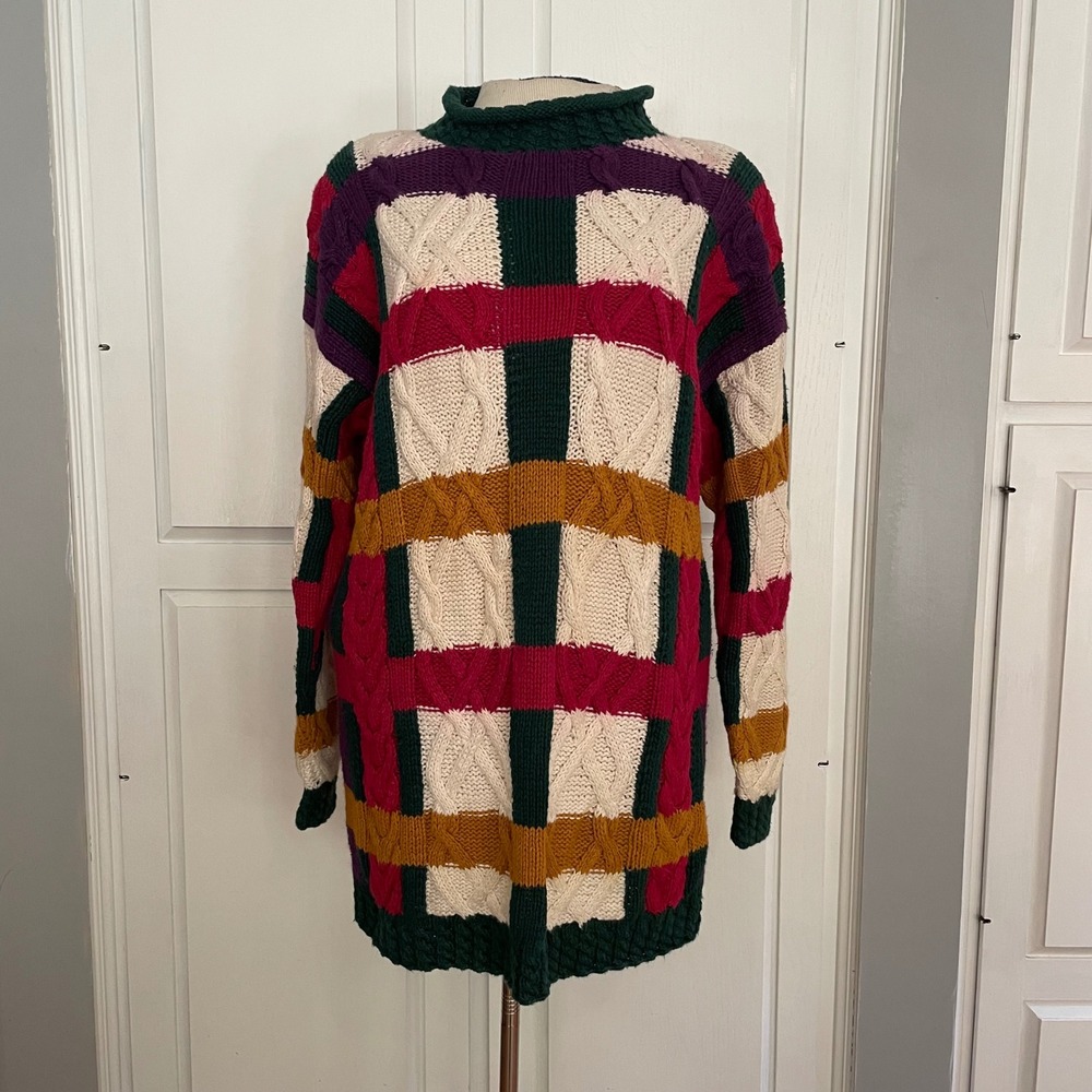 Vintage NINON de Lencios Handknit Geometric Cable Knit Turtleneck Sweater size M